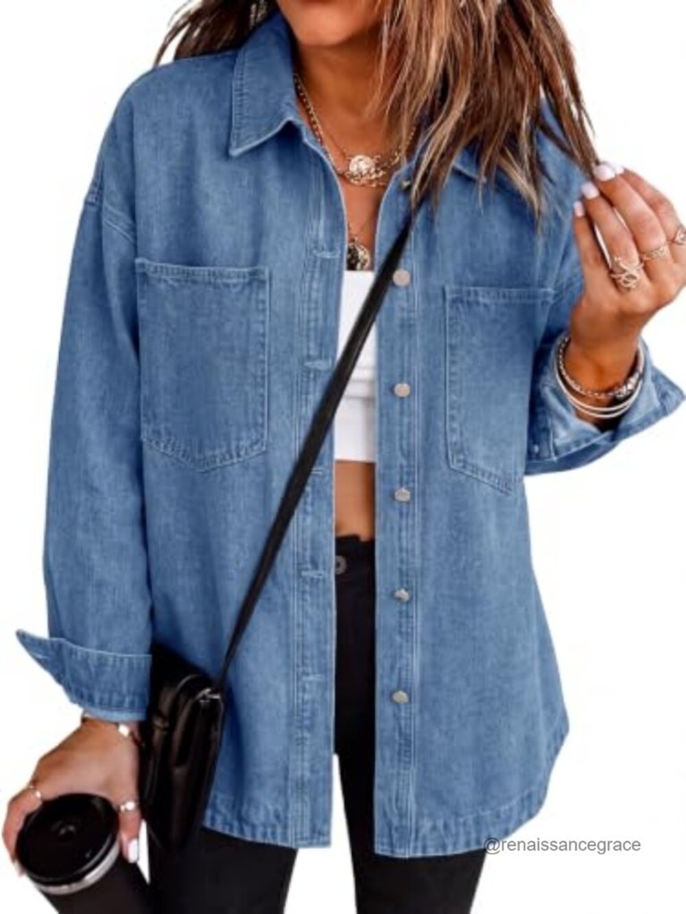 Womens Oversized Button Down Denim Shacket Cotton Long Sleeve Fall Shirt Jacket